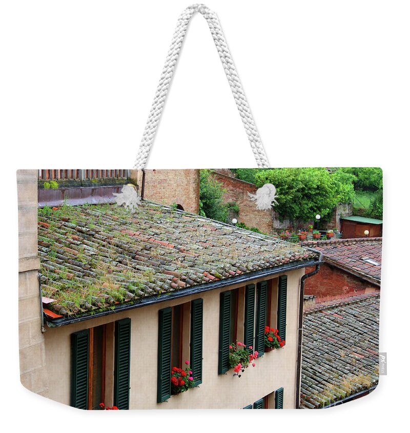 Window Boxes Weekender Tote Bag featuring the photograph Window Boxes and Tile Roofs 0919 by Jack Schultz