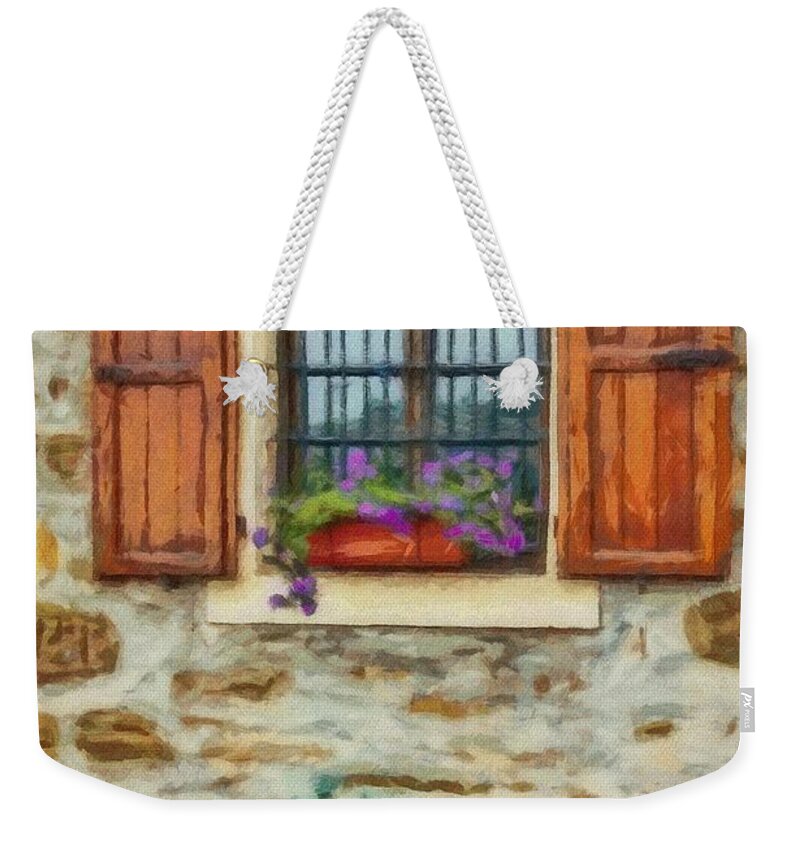 Shutter Weekender Tote Bag featuring the painting Window in a Stone Wall by Jeffrey Kolker