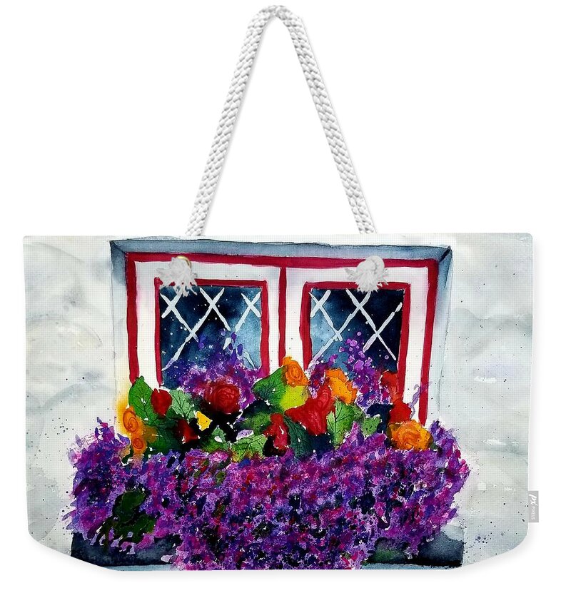 Flowers Weekender Tote Bag featuring the painting Window Treatment by Ann Frederick