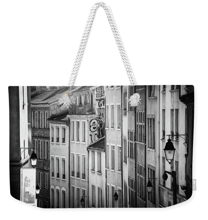 Lyon Weekender Tote Bag featuring the photograph Windows of Old Lyon France Black and White by Carol Japp