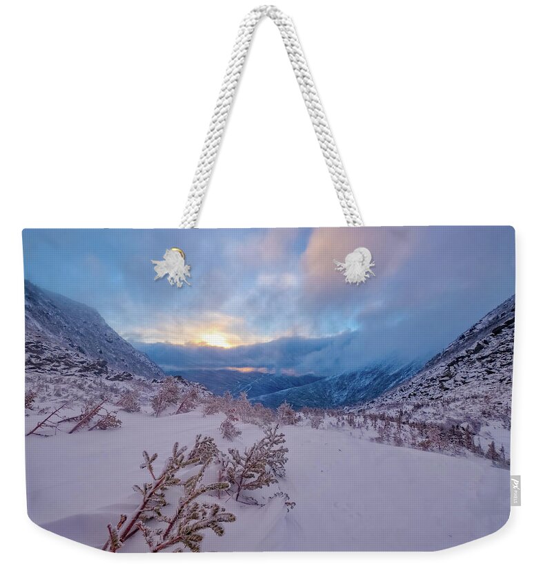 Tuckerman Ravine Weekender Tote Bag featuring the photograph Windswept, Spring Sunrise In Tuckerman Ravine by Jeff Sinon