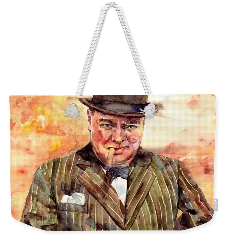 Winston Churchill Weekender Tote Bag featuring the painting Winston Churchill With A Tommy Gun by Suzann Sines
