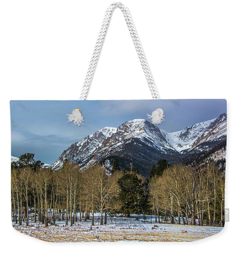Rocky Mountain National Park Weekender Tote Bag featuring the photograph Winter Aspens by Douglas Wielfaert