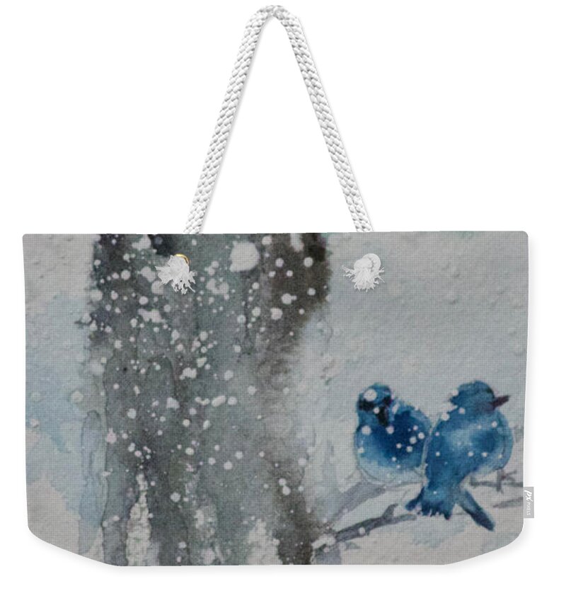 Birds Weekender Tote Bag featuring the painting Winter Blues WC by Linda Eades Blackburn