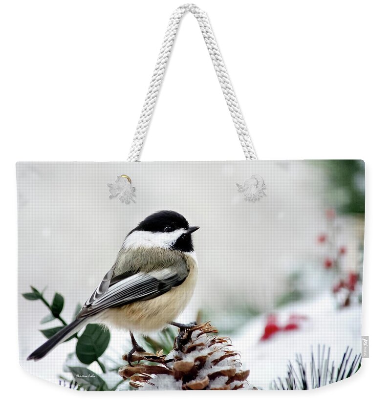 Chickadee Weekender Tote Bag featuring the photograph Winter Chickadee by Christina Rollo