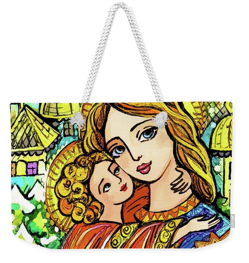 Mother And Child Weekender Tote Bag featuring the painting Winter Church by Eva Campbell