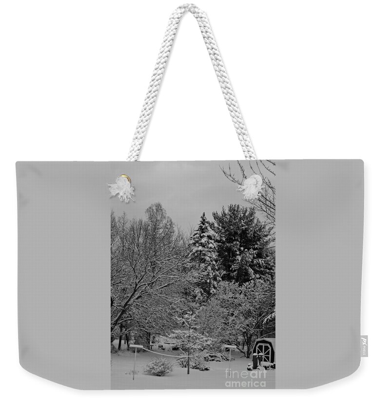 Landscape Photography Weekender Tote Bag featuring the photograph Winter Clothesline - Black and White by Frank J Casella