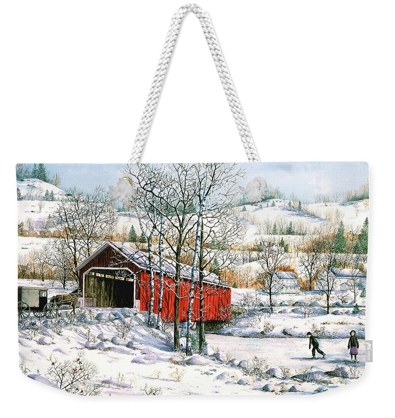 Covered Bridge Weekender Tote Bag featuring the painting Winter Crossing by Diane Phalen