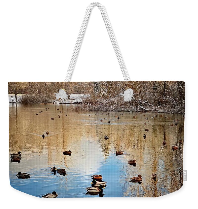Winter Weekender Tote Bag featuring the photograph Winter Duck Pond by Jerry Abbott