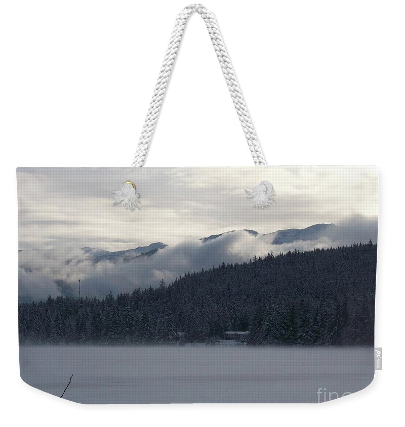 #alaska #juneau #ak #cruise #tours #vacation #peaceful #aukelake #snow #winter #cold #postcard #morning #dawn Weekender Tote Bag featuring the photograph Winter Escape by Charles Vice