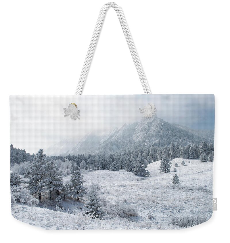 Flatirons Weekender Tote Bag featuring the photograph Winter Flatirons 2 by Aaron Spong