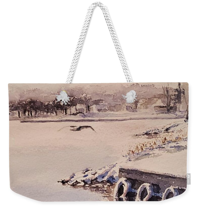 Snow Weekender Tote Bag featuring the painting Winter Harbour by Sheila Romard