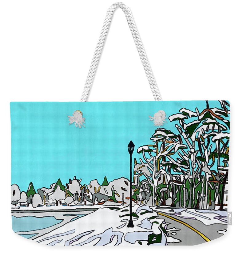 Snow Valleystream Newyork Lake Ice Weekender Tote Bag featuring the painting Winter in Hendrickson Park by Mike Stanko