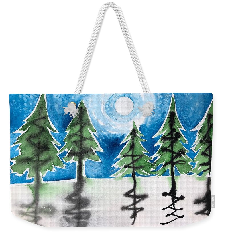 Winter Weekender Tote Bag featuring the painting Winter Moon by Helen Klebesadel