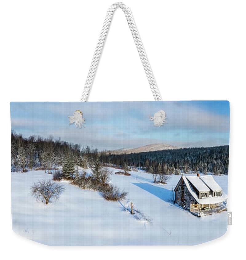 America Weekender Tote Bag featuring the photograph Winter Panoram of Old House In Pittsburg, New Hampshire by John Rowe