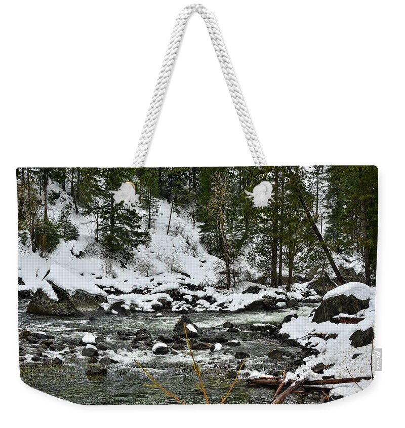 Winter Rapids In Wenatchee River Weekender Tote Bag featuring the photograph Winter Rapids in Wenatchee River by Tom Cochran