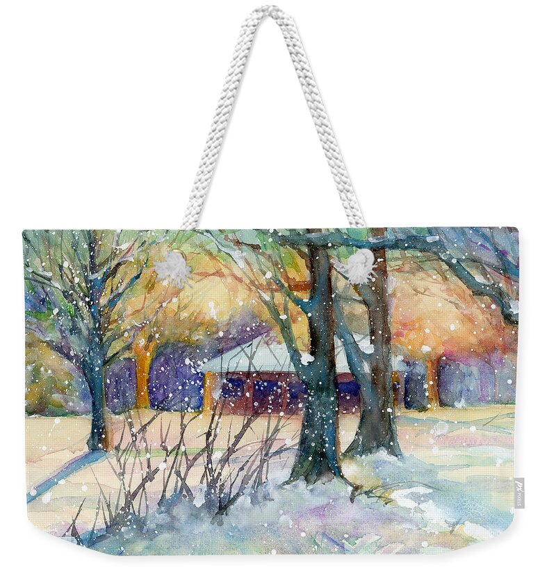 Crapo Park Weekender Tote Bag featuring the painting Winter sunrise at the park by Rebecca Matthews