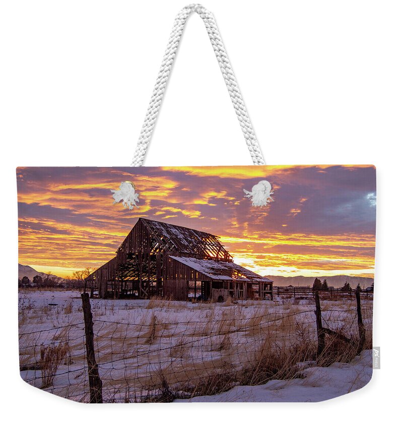 Barn Weekender Tote Bag featuring the photograph Winter Sunset at Mapleton Barn by Wesley Aston