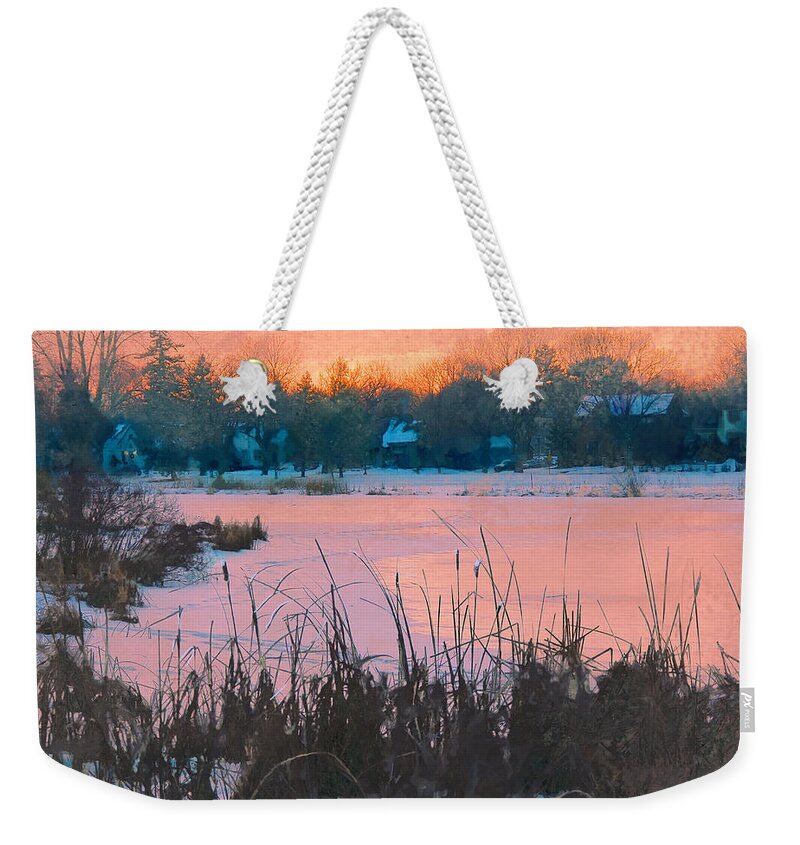 South Minneapolis Weekender Tote Bag featuring the mixed media Winter Sunset - Lake Nokomis by Glenn Galen