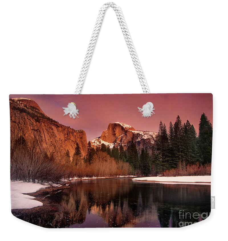 North America Weekender Tote Bag featuring the photograph Winter Sunset Lights Up Half Dome Yosemite National Park by Dave Welling