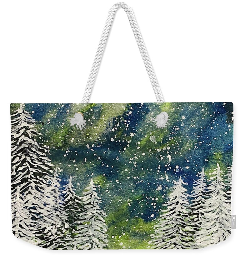 Snow Weekender Tote Bag featuring the painting Winter Trees by Lisa Neuman