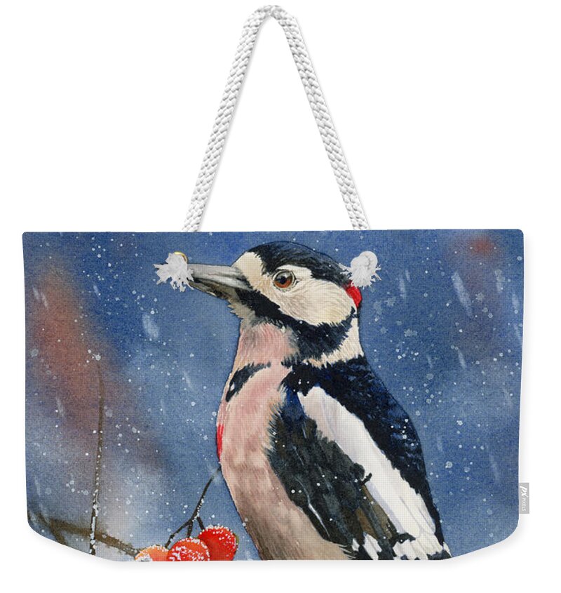 Bird Weekender Tote Bag featuring the painting Winter Woodpecker by Espero Art