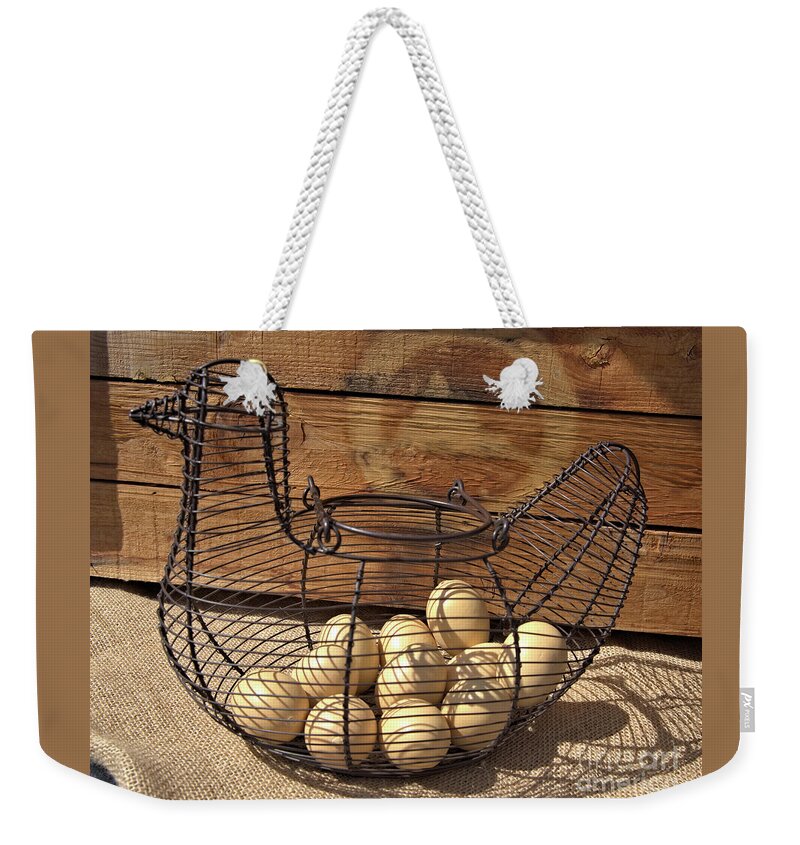 Wire Weekender Tote Bag featuring the photograph Wire Chicken Faux Eggs by Kae Cheatham