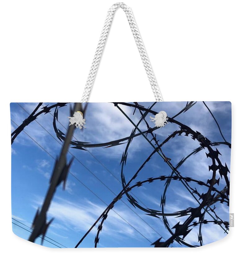 All Weekender Tote Bag featuring the digital art Wire Fence at the Border KN57 by Art Inspirity
