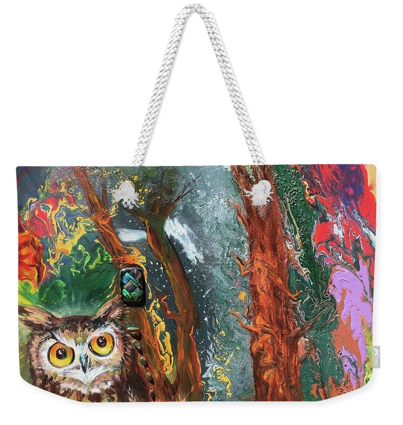 Owl Weekender Tote Bag featuring the mixed media Wisdom of the Forest Creatures by Sofanya White
