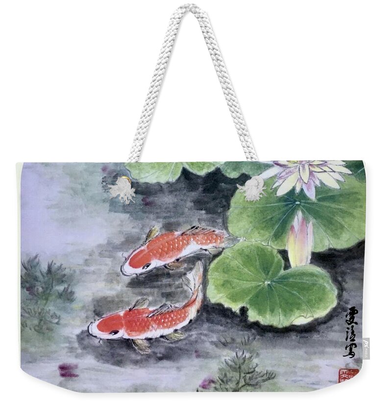Koi Fish Weekender Tote Bag featuring the painting Wishful - 3 by Carmen Lam