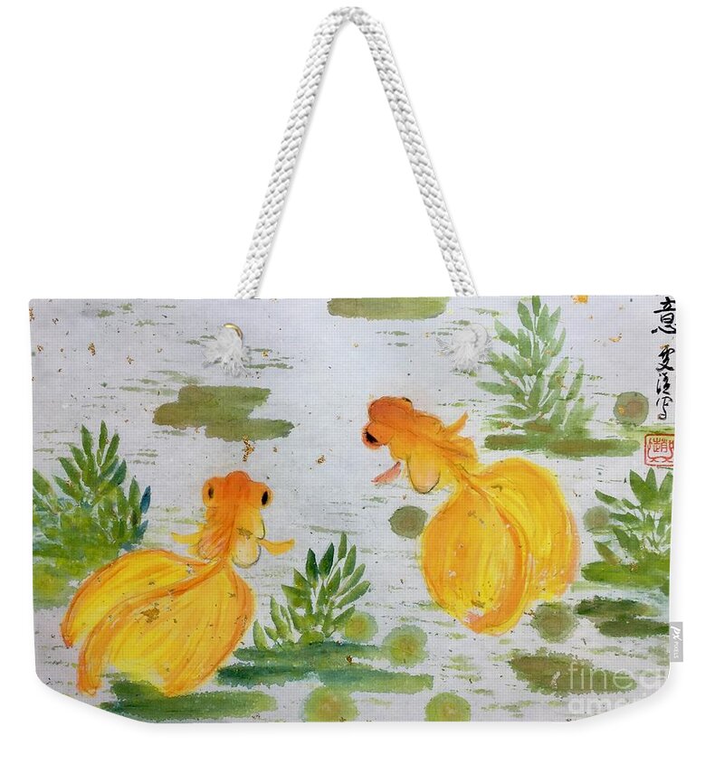 Golden Fishes Weekender Tote Bag featuring the painting Wishful - 4 by Carmen Lam