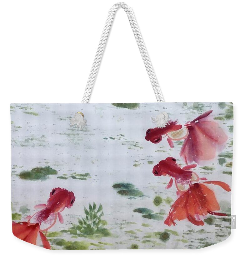 Golden Fish Weekender Tote Bag featuring the painting Wishful - 5 by Carmen Lam