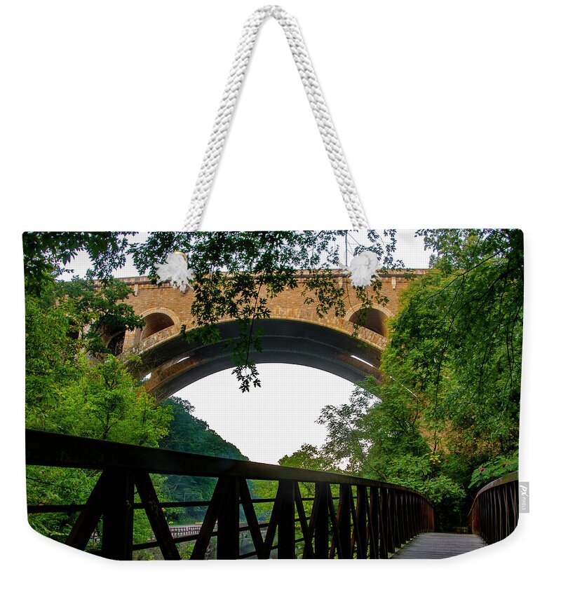 Wissahickon Weekender Tote Bag featuring the photograph Wissahickon Foot Bridge and the Henry Avenue Bridge by Bill Cannon