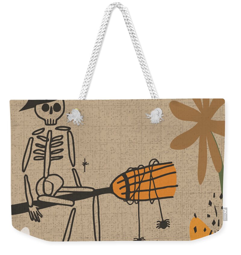 Witch Doodle Hand Drawn Halloween Skeleton, Aesthetic Flower Background  Grid Pattern Design Space Weekender Tote Bag