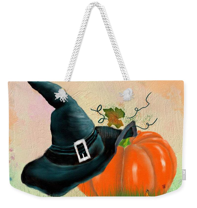 Witches Hat Weekender Tote Bag featuring the digital art Witchy Pumpkin by Mary Timman