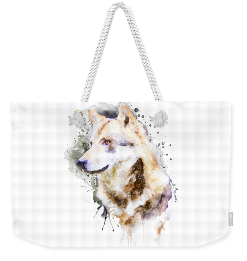 Marian Voicu Weekender Tote Bag featuring the painting Watercolor Portrait - Wolf Profile by Marian Voicu