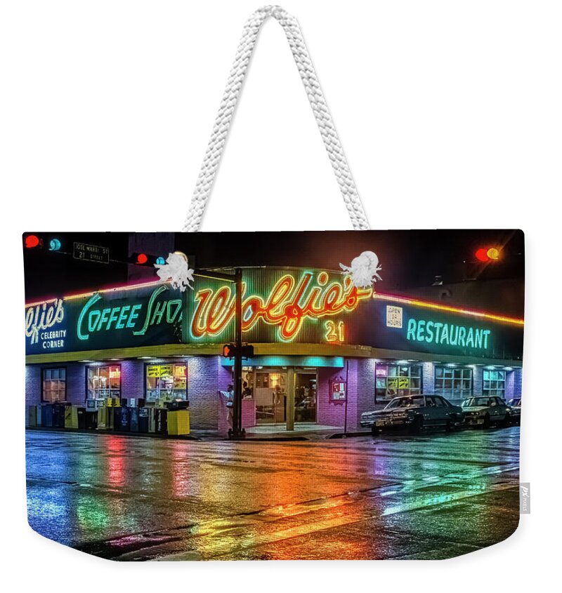 © 2021 Lou Novick All Rights Reversed Weekender Tote Bag featuring the photograph Wolfie's Coffee Shope by Lou Novick