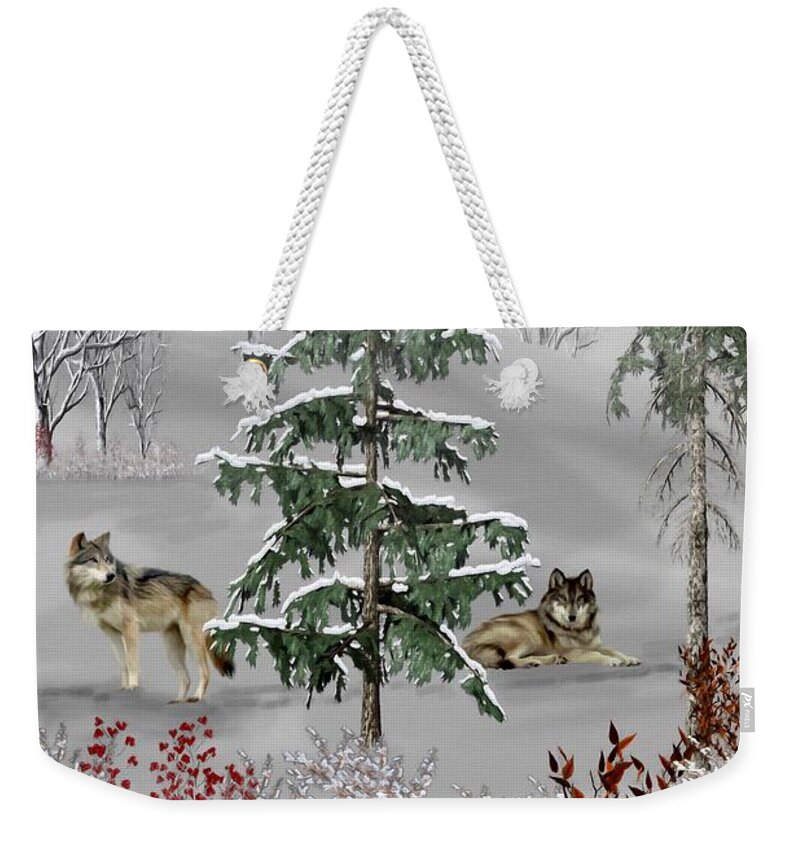 Wolf Weekender Tote Bag featuring the mixed media Wolves In The Winter Forest Color by David Dehner