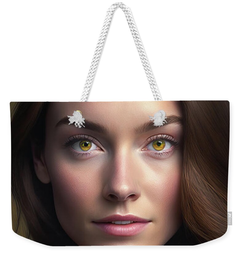 Woman Weekender Tote Bag featuring the digital art Woman Portrait 22 Brown Hair Hazel Eyes by Matthias Hauser