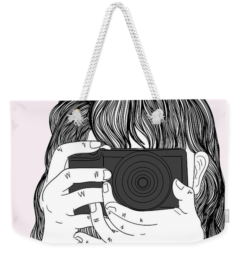 Graphic Weekender Tote Bag featuring the digital art Woman With A Camera - Line Art Graphic Illustration Artwork by Sambel Pedes
