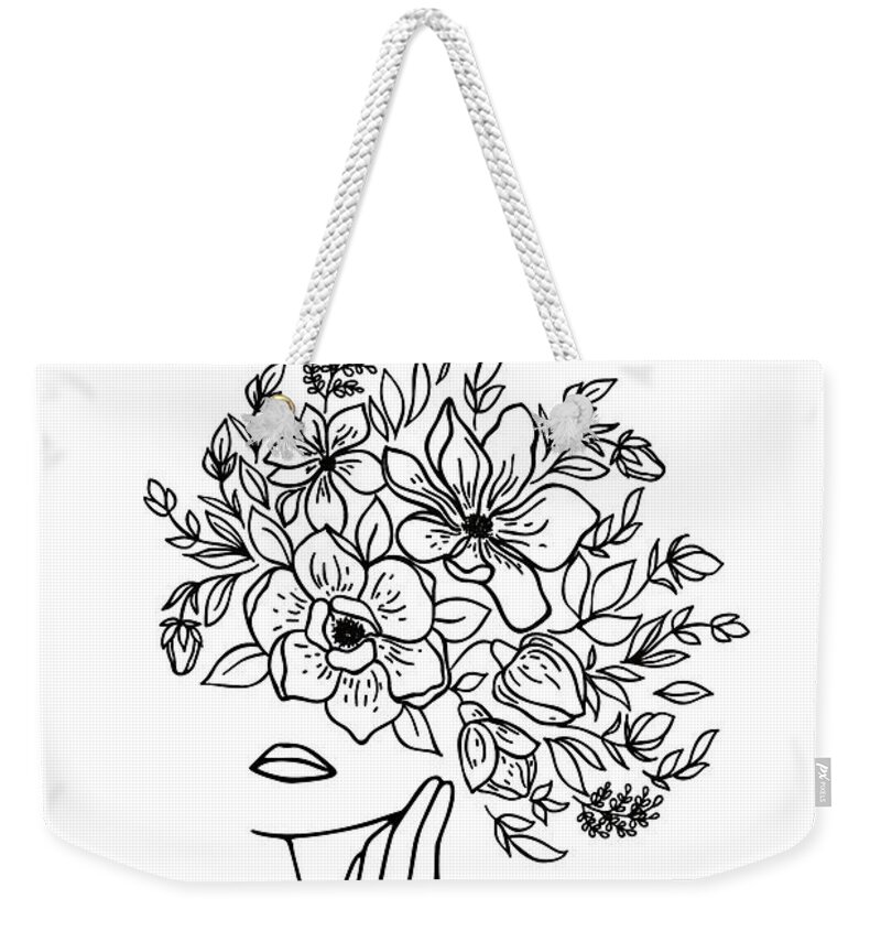 Woman With Flowers Minimal Line Art Weekender Tote Bag by Maria