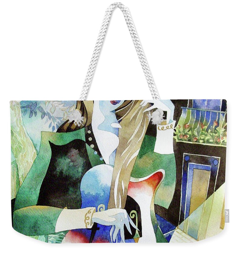 Watercolor Weekender Tote Bag featuring the painting Woman with guitar by Mick Williams