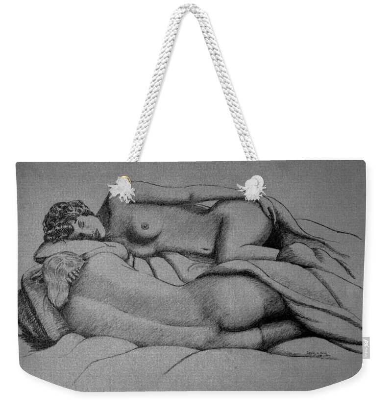 Nude Weekender Tote Bag featuring the drawing Women Sleeping by Daniel Reed