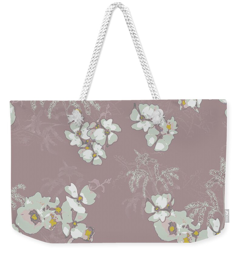 Roses Weekender Tote Bag featuring the digital art Woodcut Roses and Grass Minimal Floral Pattern by Sand And Chi