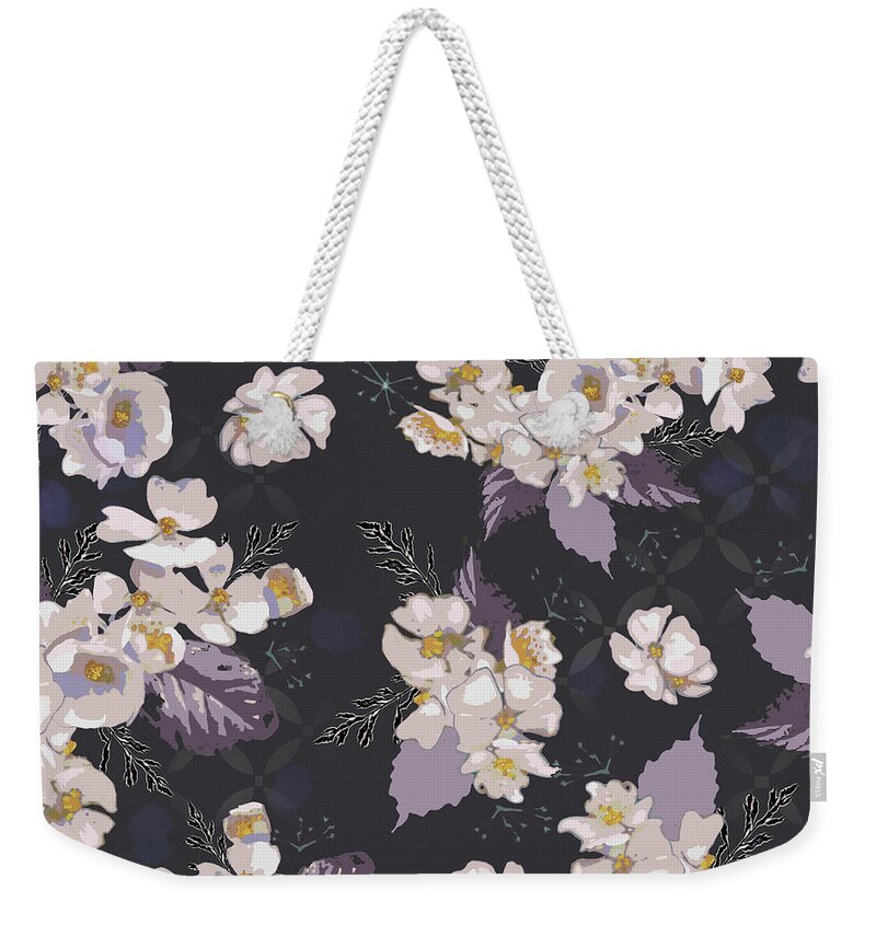 Roses Weekender Tote Bag featuring the digital art Woodcut Wild Roses Plum Pattern by Sand And Chi