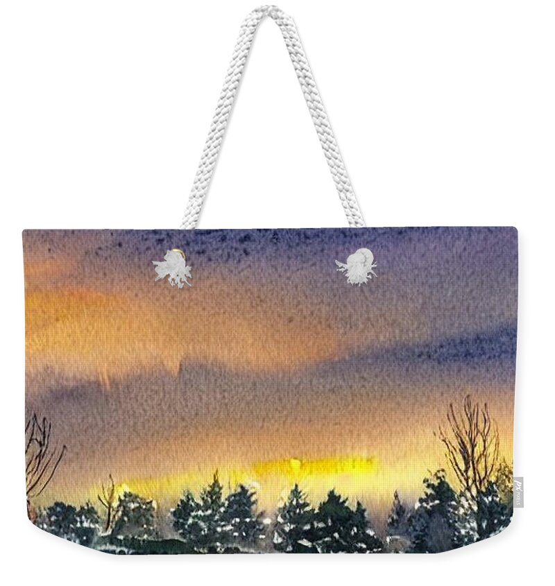 Pequannock Weekender Tote Bag featuring the painting Woodland Lake, Pequannock New Jersey, Winter Sunset by Christopher Lotito
