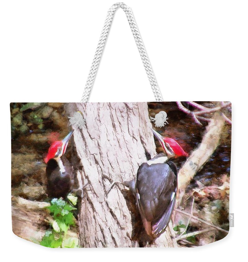 Woodpeckers Weekender Tote Bag featuring the mixed media Woodpeckers by the Stream by Christopher Reed
