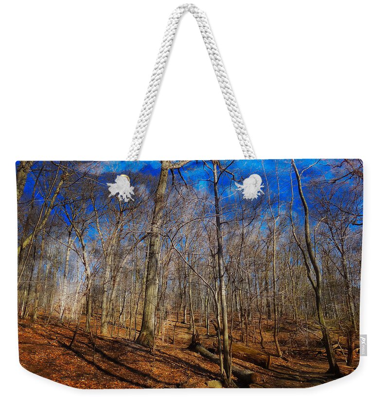 Woods Weekender Tote Bag featuring the digital art Woods with Deep Blue Sky by Russ Considine