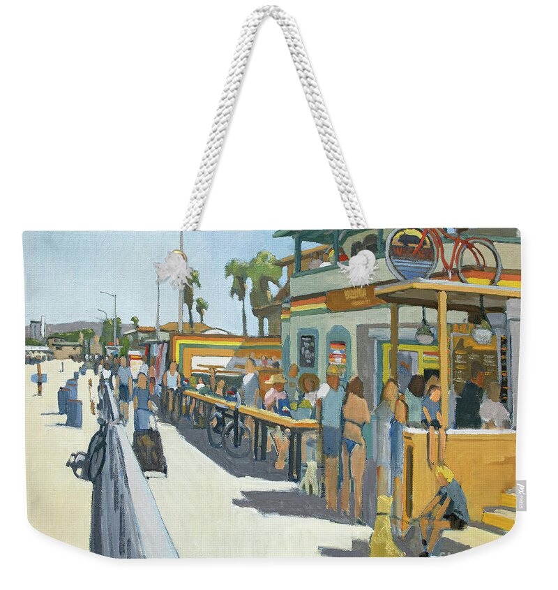 Woodys Weekender Tote Bag featuring the painting Woody's Breakfast and Burgers - Pacific Beach, San Diego, California by Paul Strahm