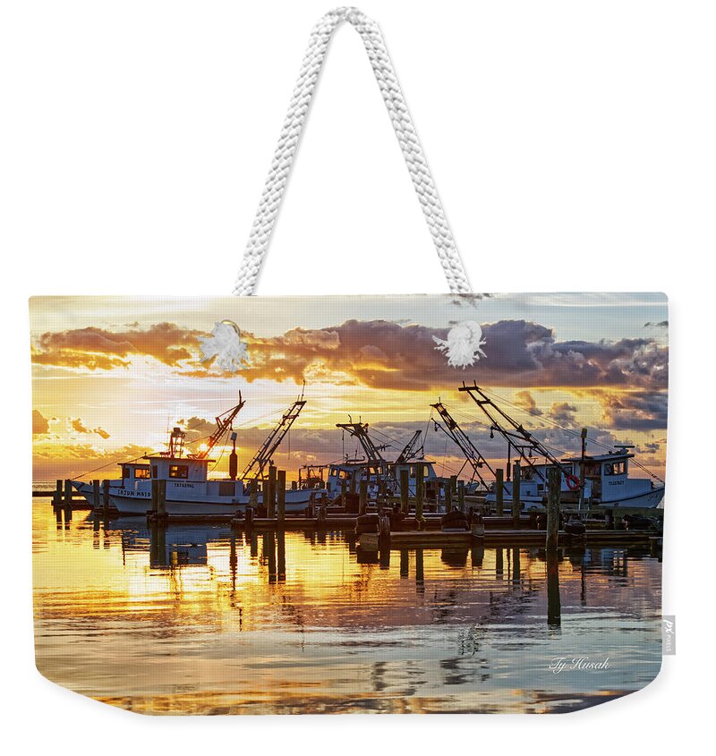 Sunrise Weekender Tote Bag featuring the photograph Workboats on Silver and Gold by Ty Husak